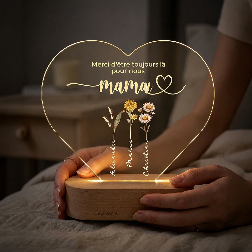 Lampe acrylique personnalisée en forme de cœur « Des fleurs pour maman »